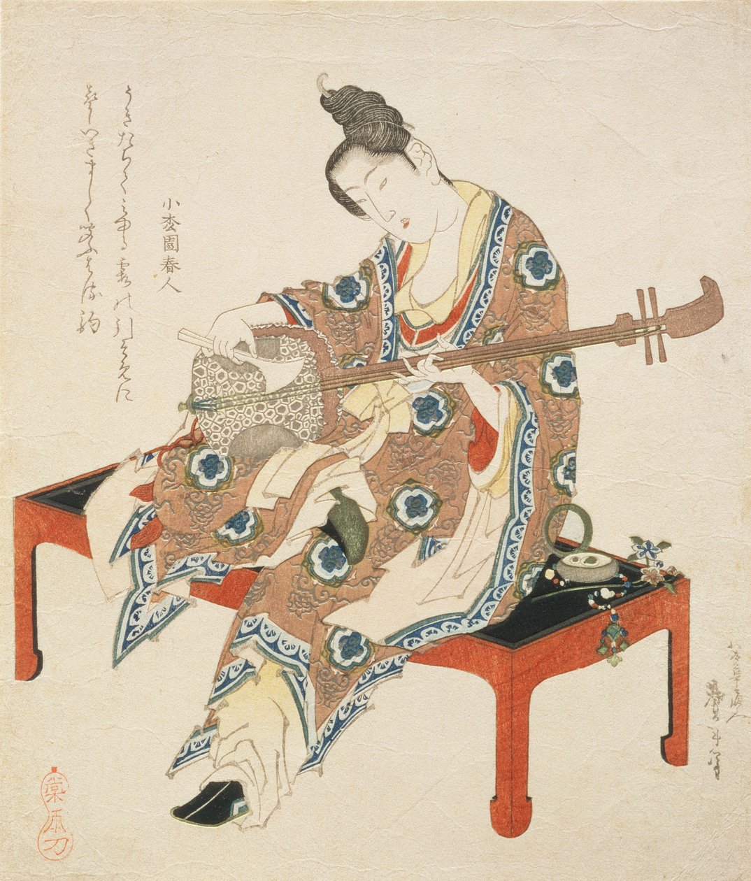 Chinese Beauty Playing the Shamisen, ca. 1833-34 (treblokktrykk) av Katsushika II Taito