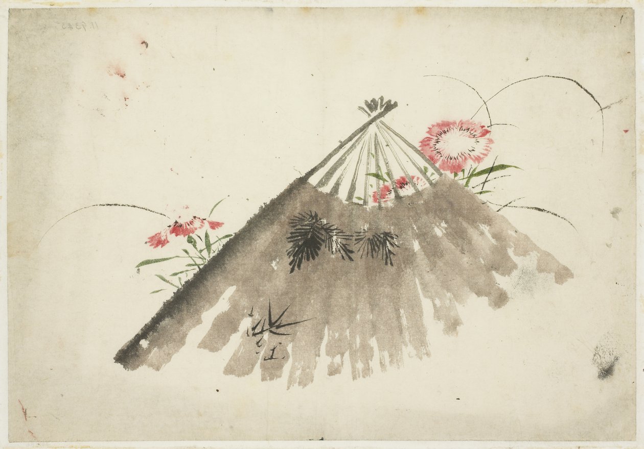 Kassert vifte blant rosa av Katsushika (school of) Hokusai