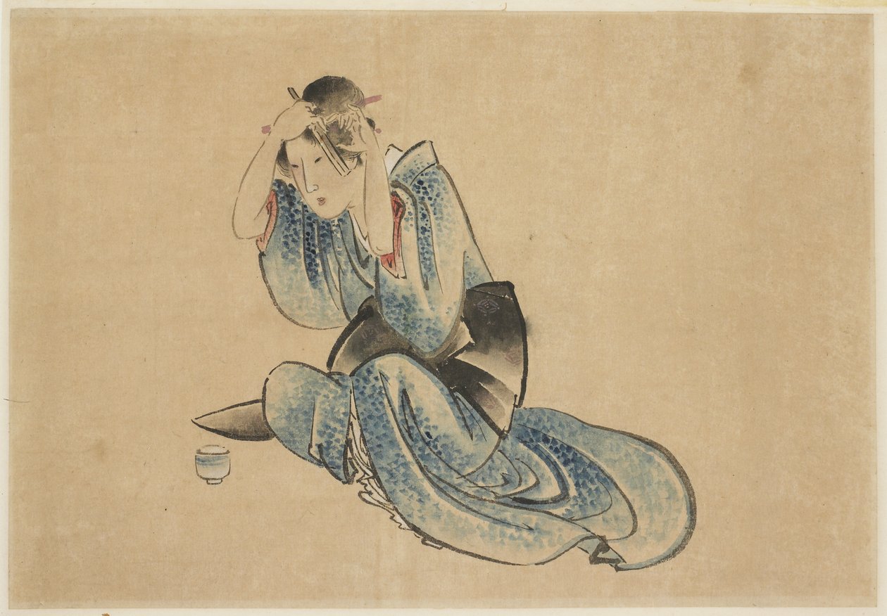 Sittende dame ved toalettet hennes av Katsushika (school of) Hokusai