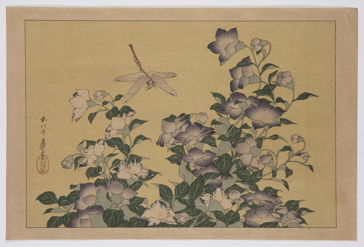 Klokkeblomst og øyenstikker (farget treblokktrykk) av Katsushika Hokusai