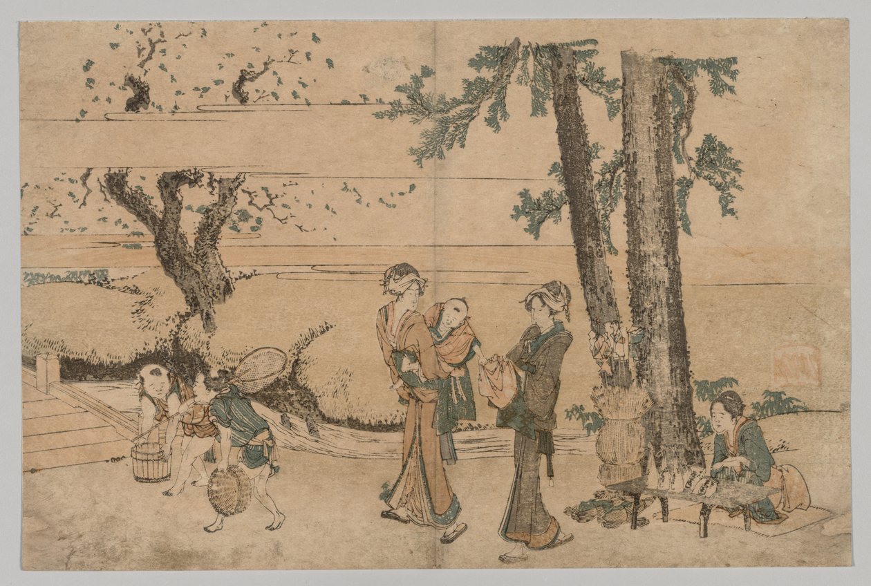 Gruppe av figurer nær en bekk, 1760-1849. av Katsushika Hokusai