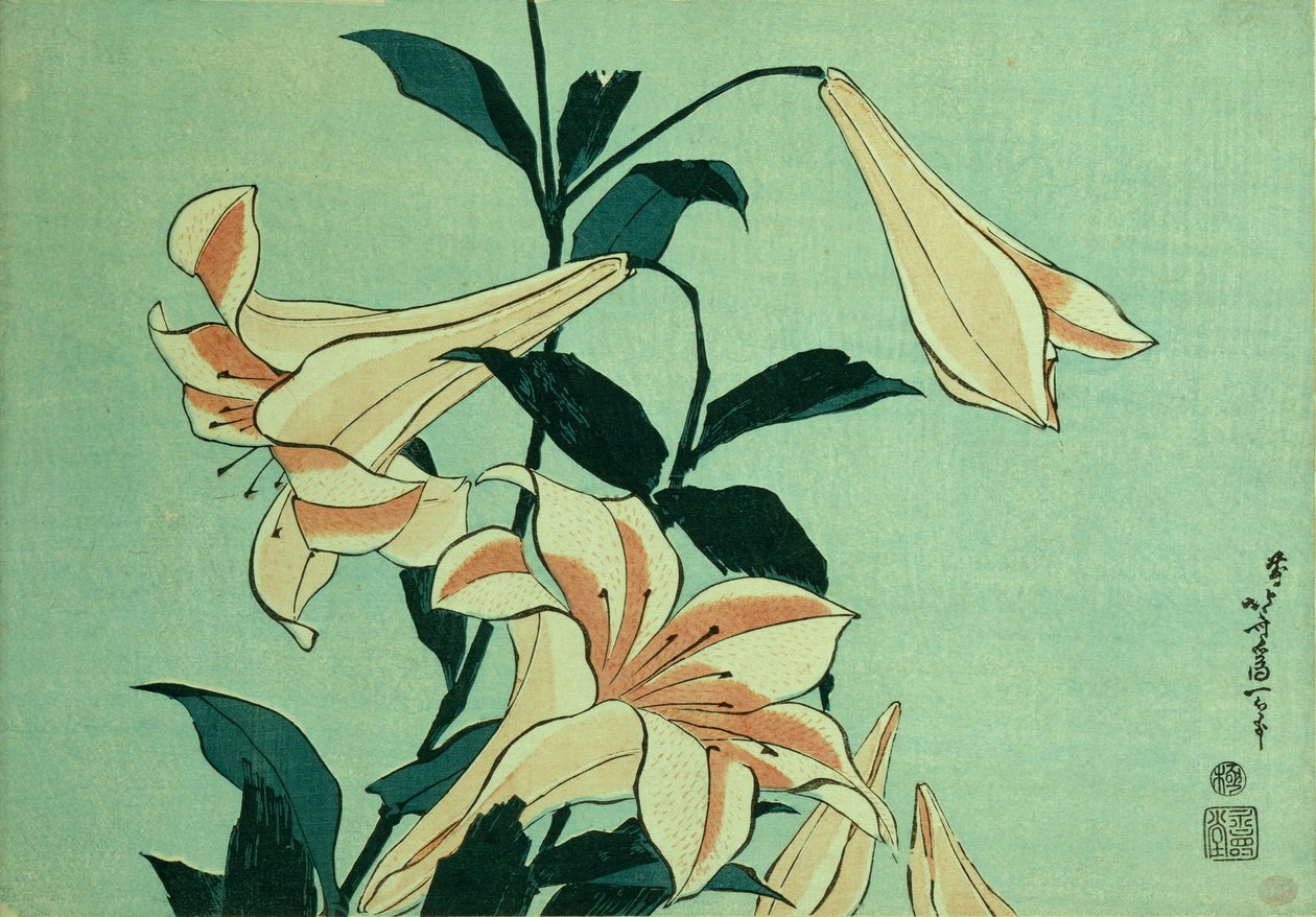 Trompetliljer (farget treblokktrykk) av Katsushika Hokusai