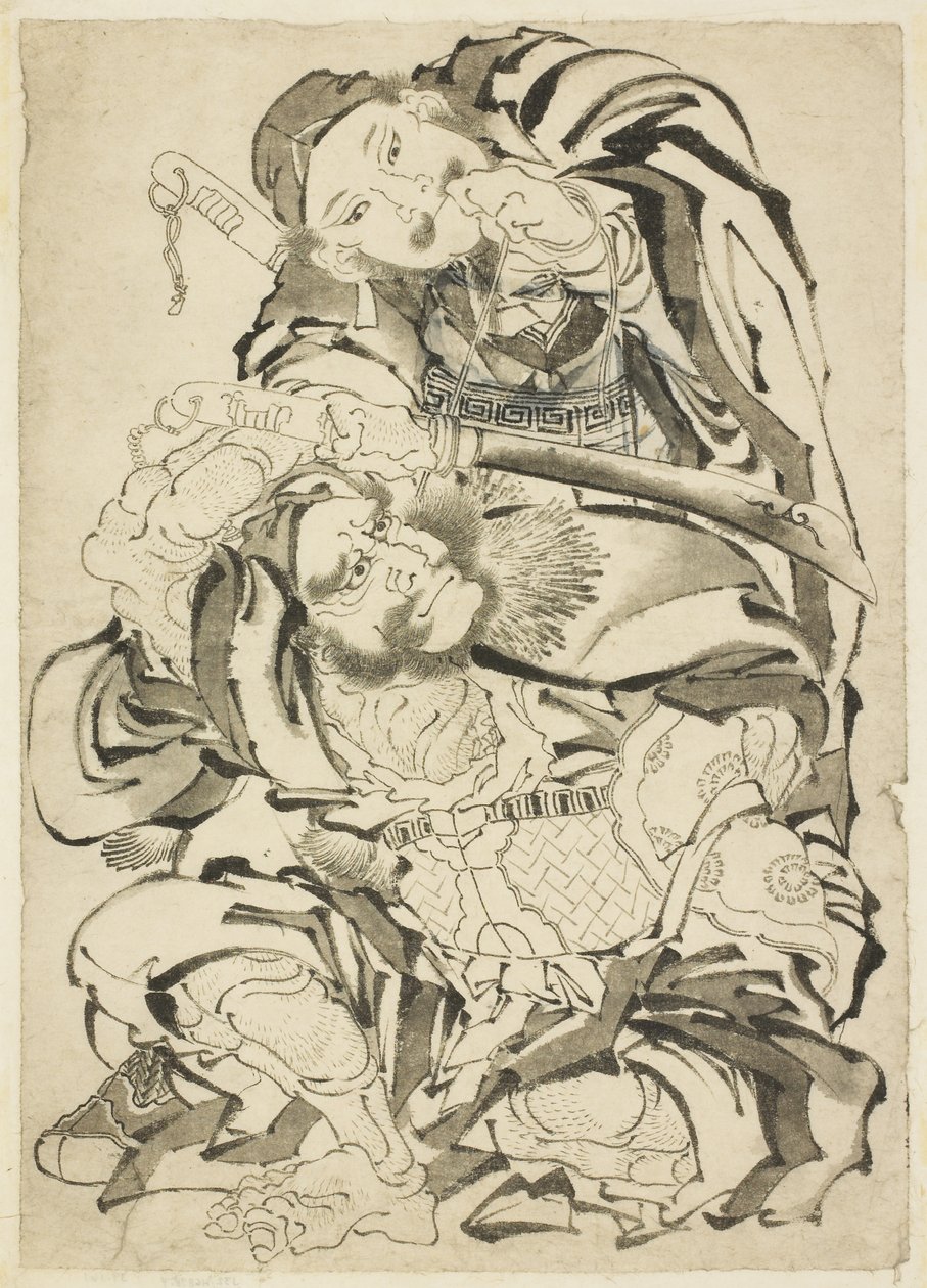 To kinesiske helter, ca. 1815-49 (blekk på papir) av Katsushika Hokusai