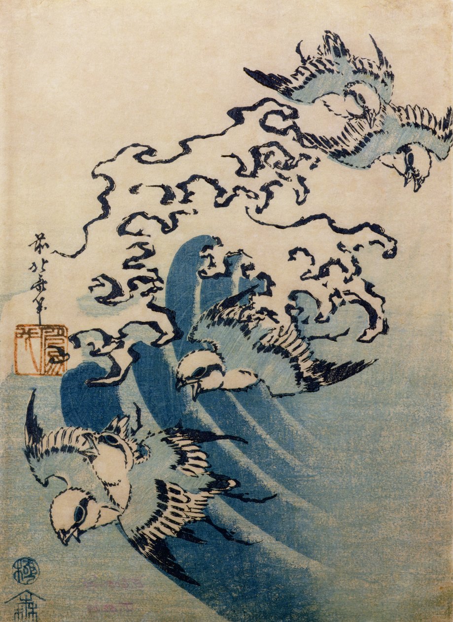 Waves and Birds, ca. 1825 (farget treblokktrykk) av Katsushika Hokusai