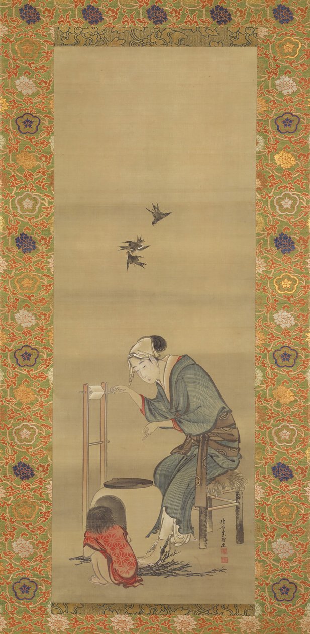 Kvinne som spinner silke, datert 1790. av Katsushika Hokusai