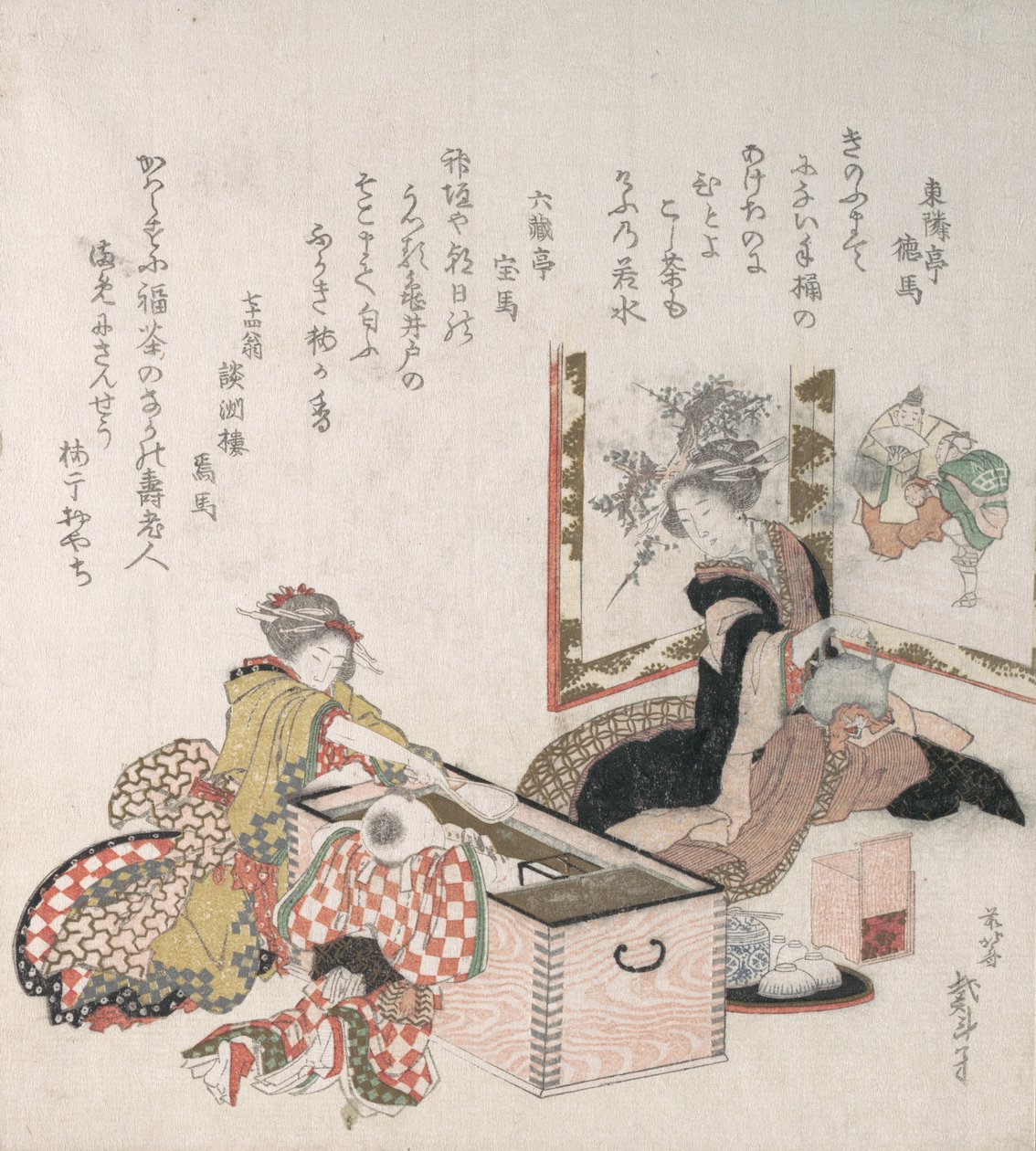 Kvinner tilbereder te rundt brannholderen, 1816. av Katsushika Hokusai