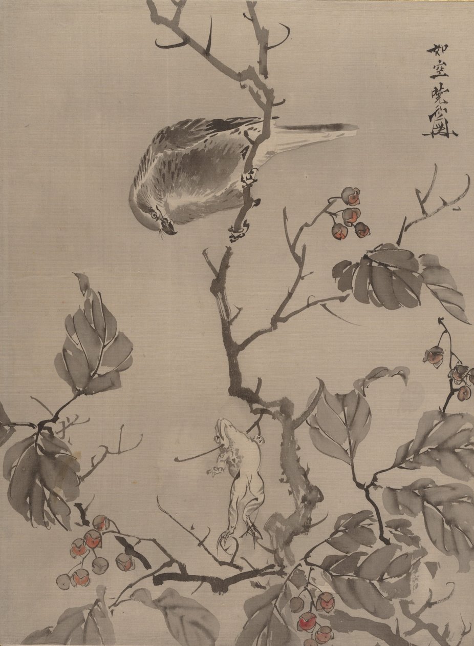Fugl og frosk, ca. 1887. av Kawanabe Kyosai