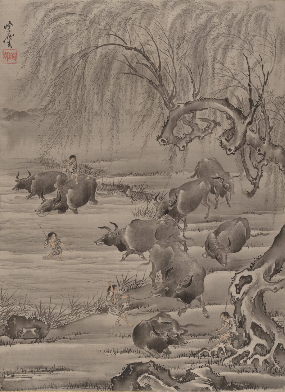 Buffalo and Herdsman, ca. 1887. av Kawanabe Kyosai