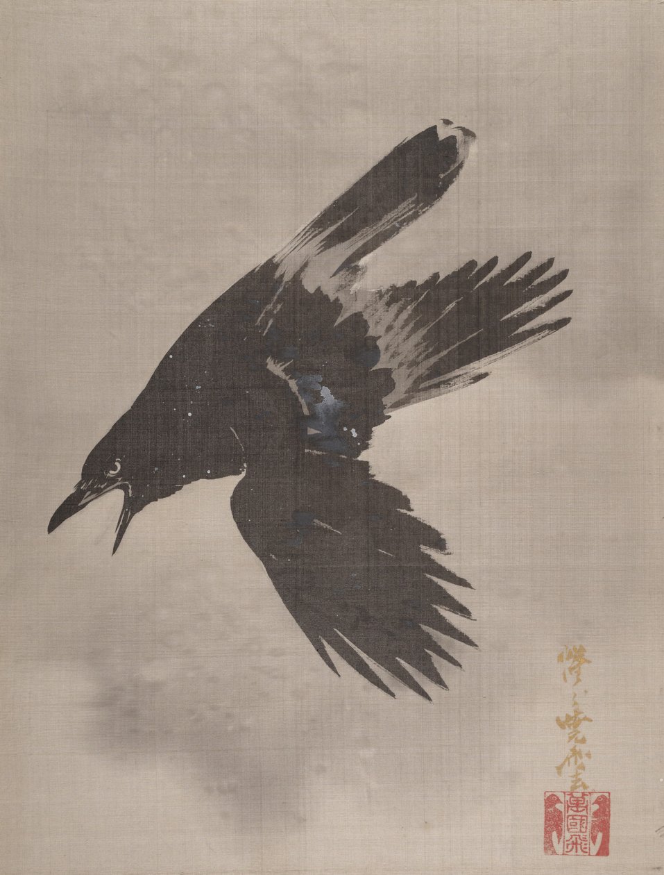 Kråke som flyr i snøen, ca. 1887. av Kawanabe Kyosai