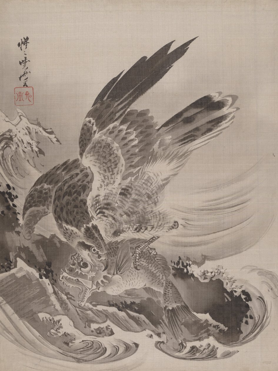 Eagle Attacking Fish, ca. 1887. av Kawanabe Kyosai