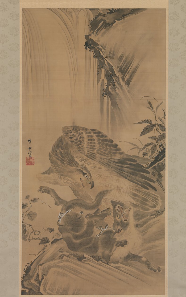 Ørn angriper en fjellløve, 1885. av Kawanabe Kyosai