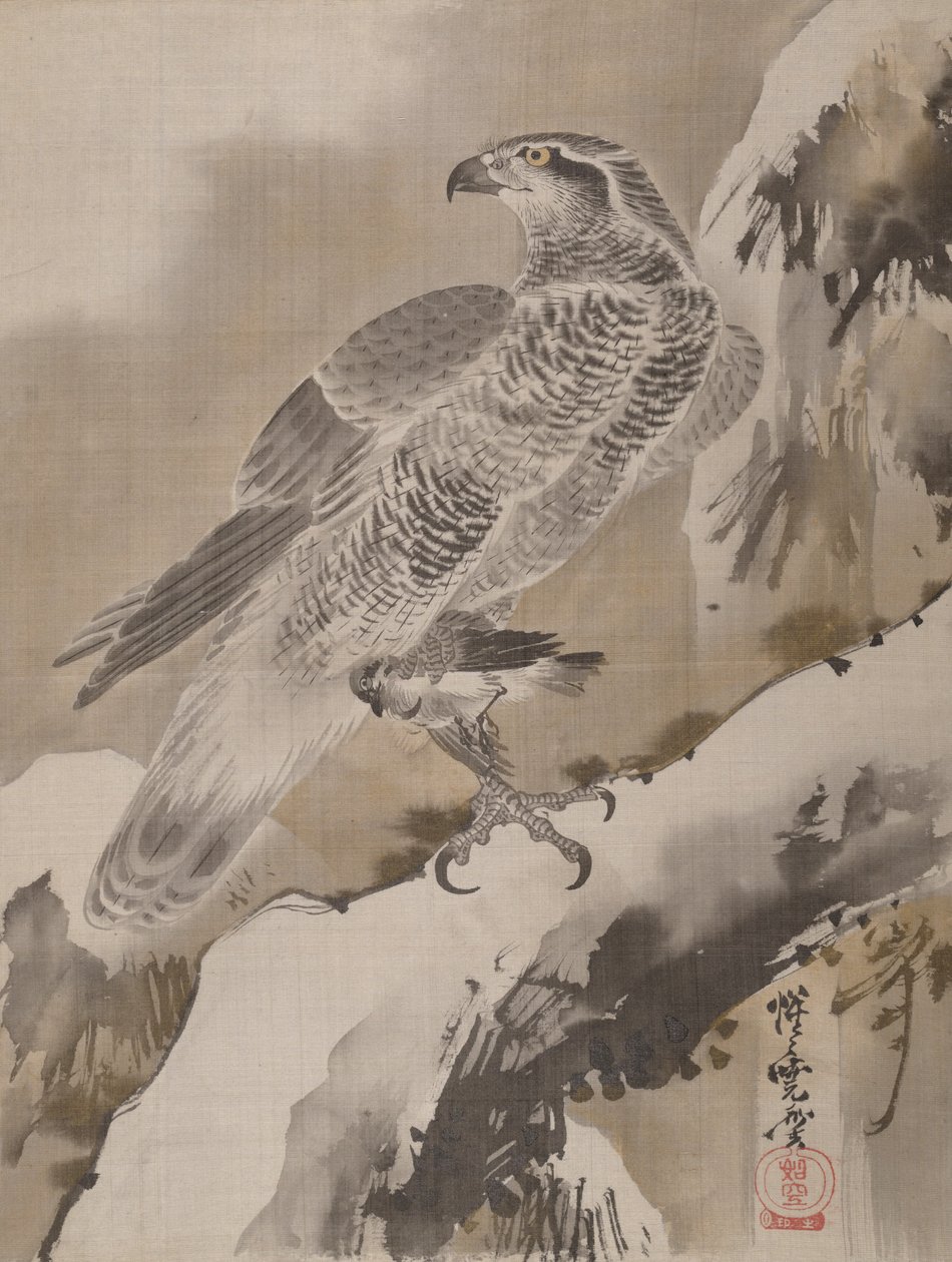 Ørn holder liten fugl, ca. 1887. av Kawanabe Kyosai