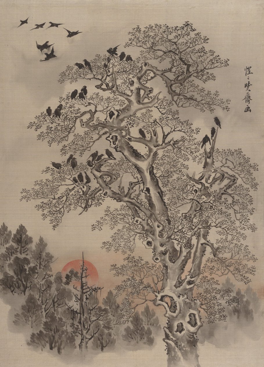 Flok av kråker ved daggry, ca. 1887. av Kawanabe Kyosai