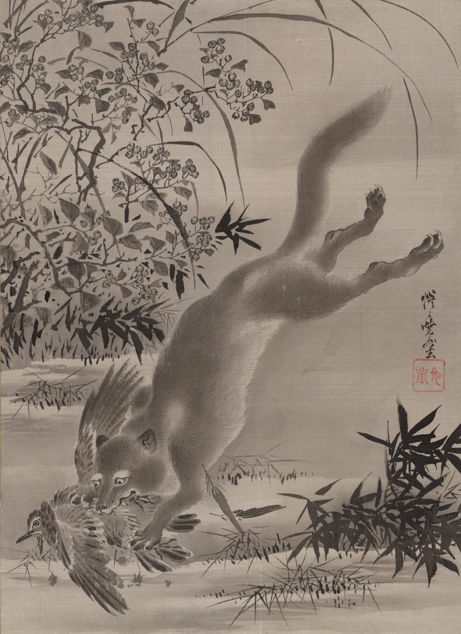Fox Catching Bird, ca. 1887. av Kawanabe Kyosai