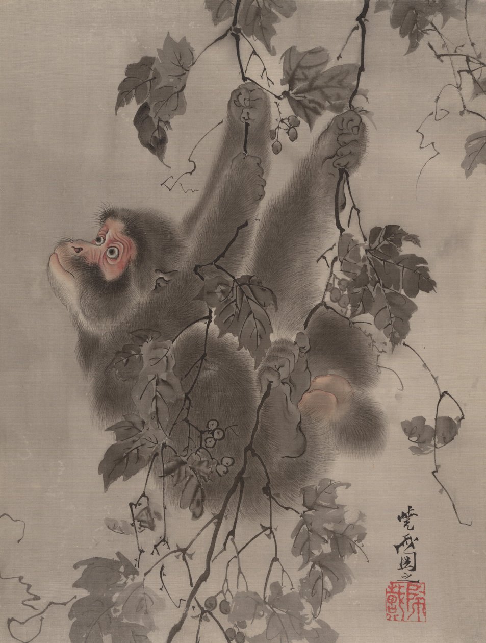 Monkey som henger fra Grapevines, ca. 1887. av Kawanabe Kyosai