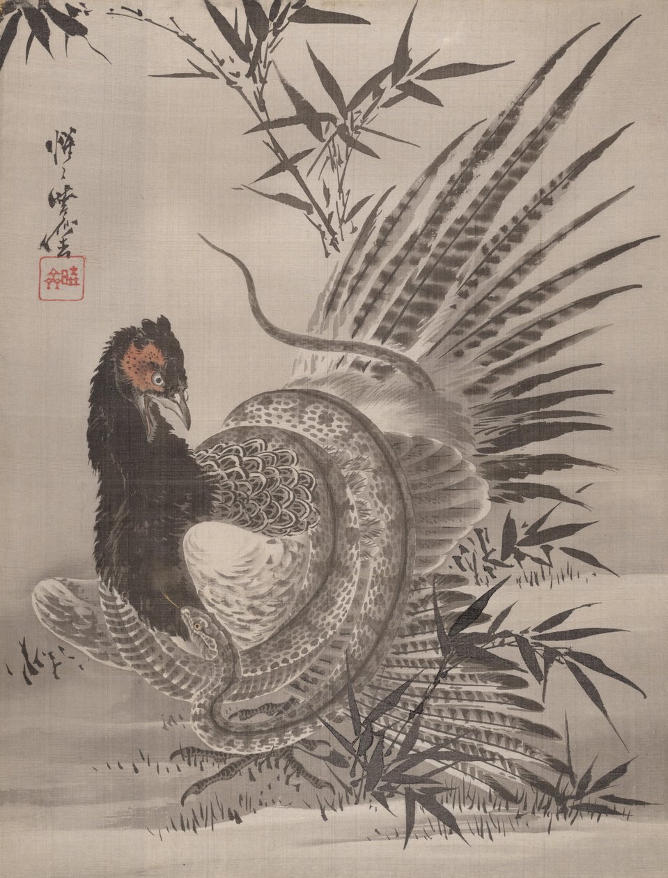 Fasan fanget av en slange, ca. 1887. av Kawanabe Kyosai