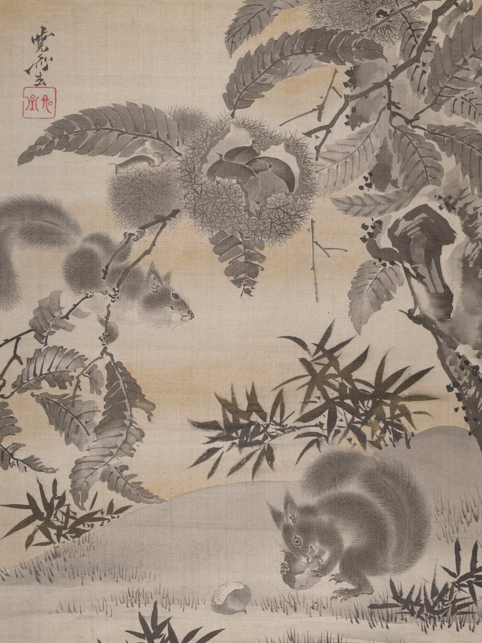 Squirrels Gathering Chestnuts, ca. 1887. av Kawanabe Kyosai