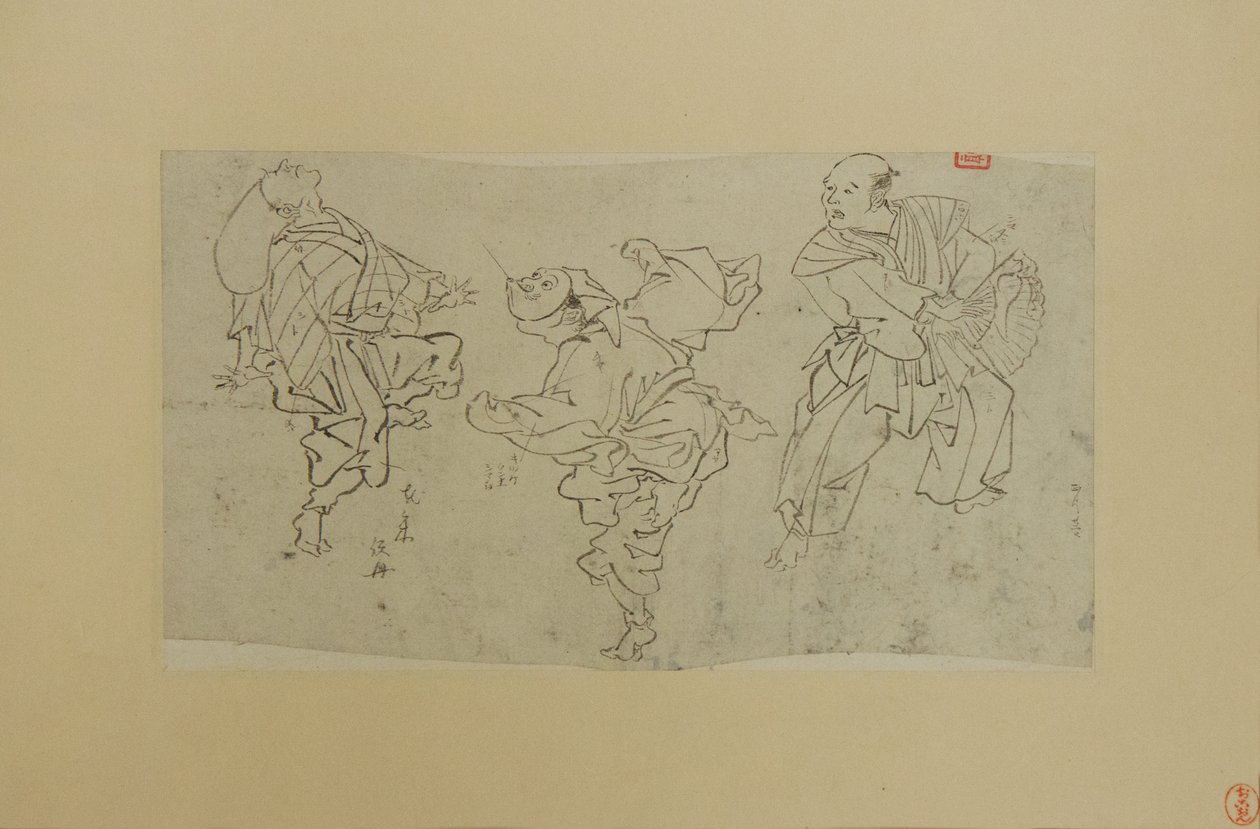 Tre Kyogen-dansere, sent på 1800-tallet. av Kawanabe Kyosai