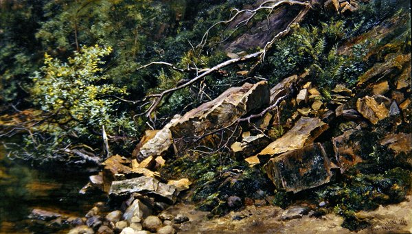 A Rocky Bank (olje på lerret) av Keeley Halswelle