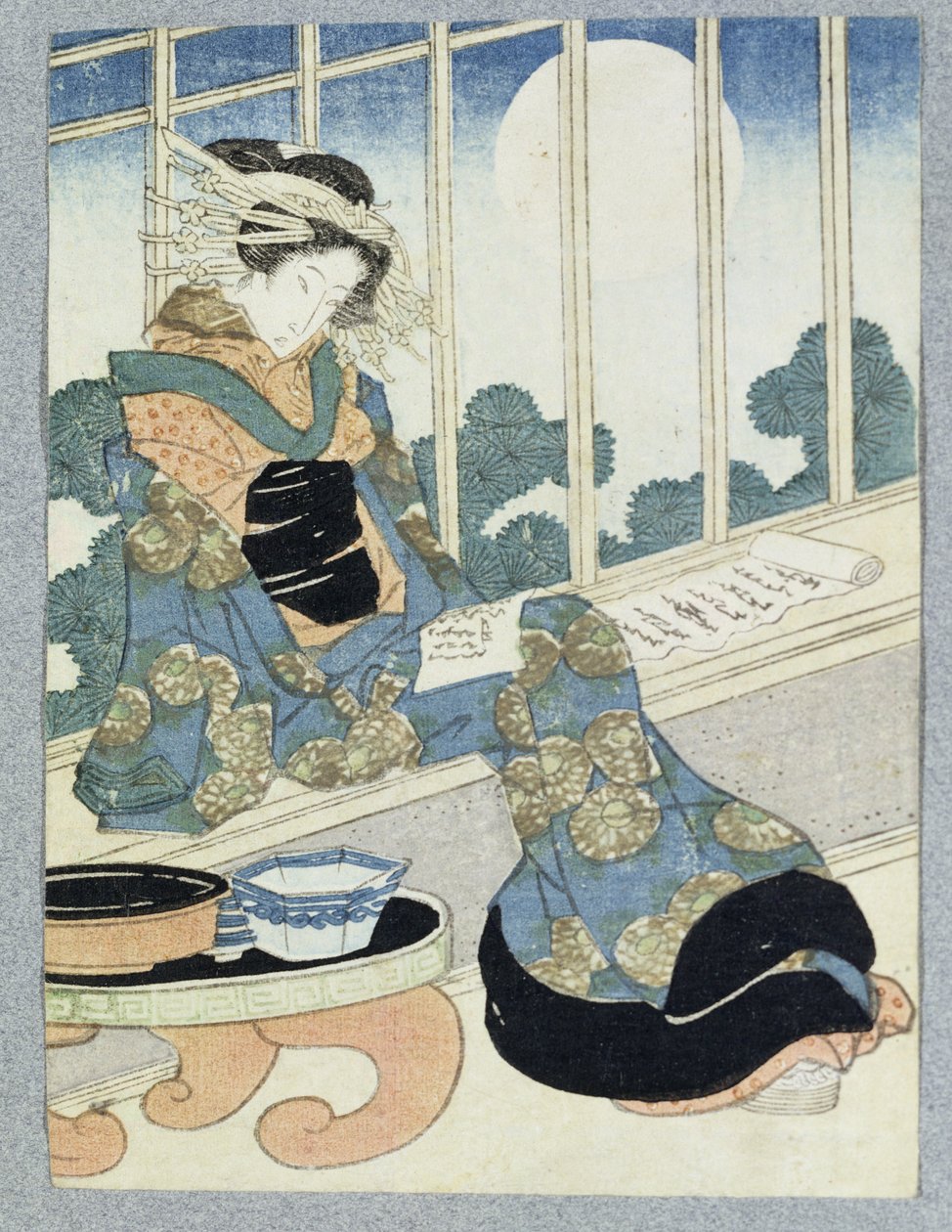 Japanese Lady Reading by Moonlight (treblokktrykk) av Keisai Yeisen