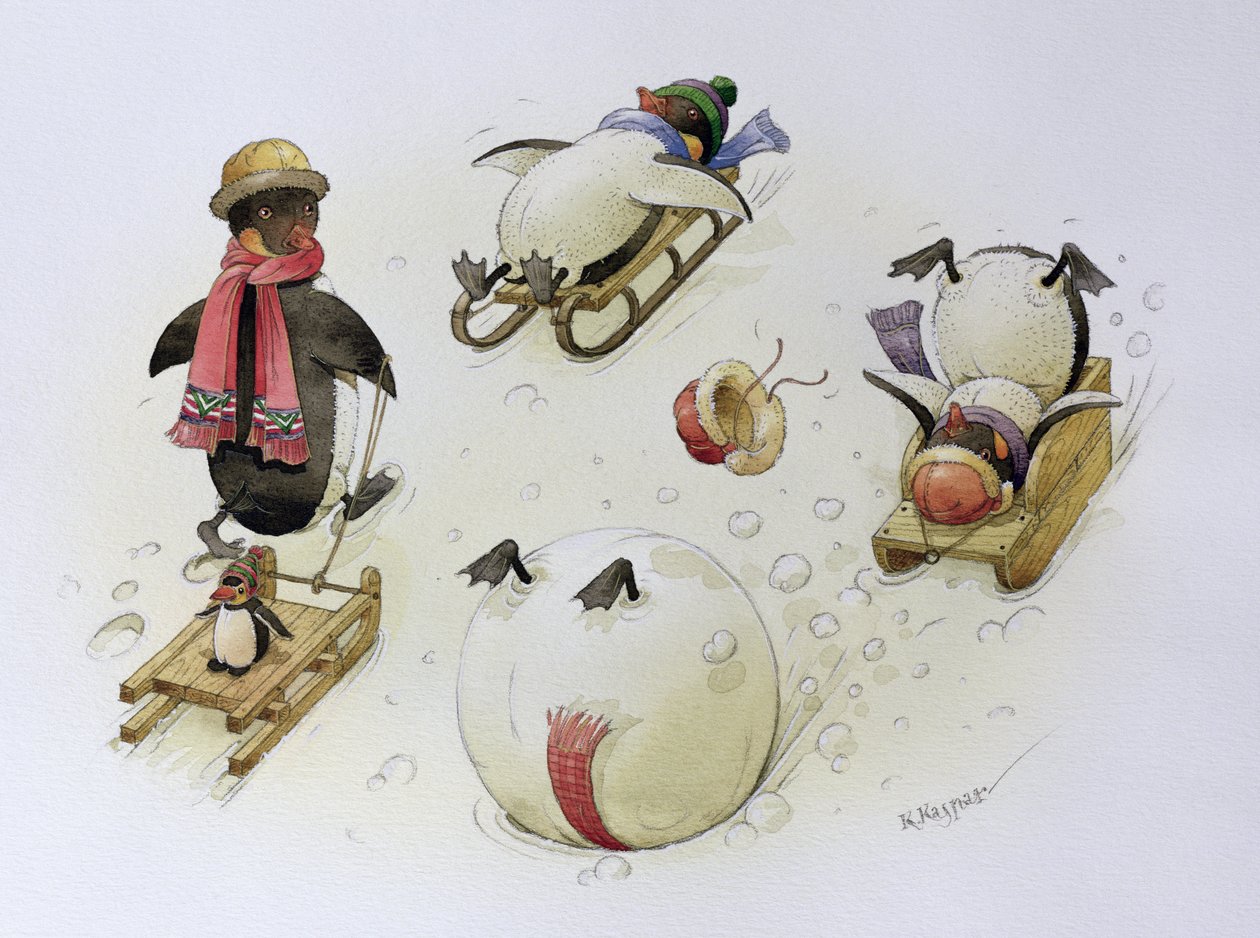 Penguins Sledging, 1999 (wc på papir) av Kestutis Kasparavicius
