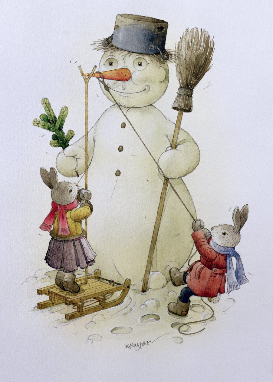 Snowman and Hares, 1999 (wc på papir) av Kestutis Kasparavicius