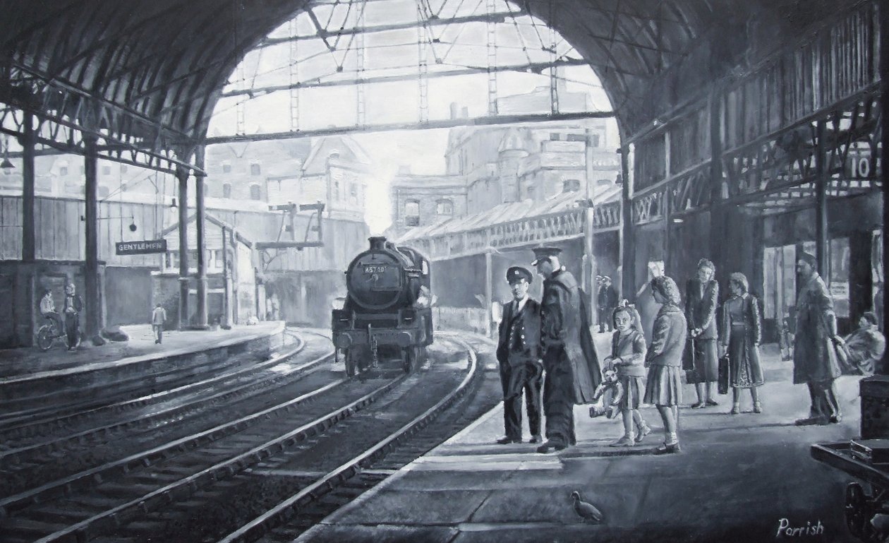 Waiting for the Train, 2008 (oljer) av Kevin Guild of Railway Artist Parrish