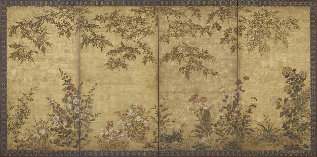 Mimosetre, valmuer, stokkroser og andre blomster, Edo-perioden, 1630-70 (blekk, farge og gull på papir) av Kitagawa Sosetsu