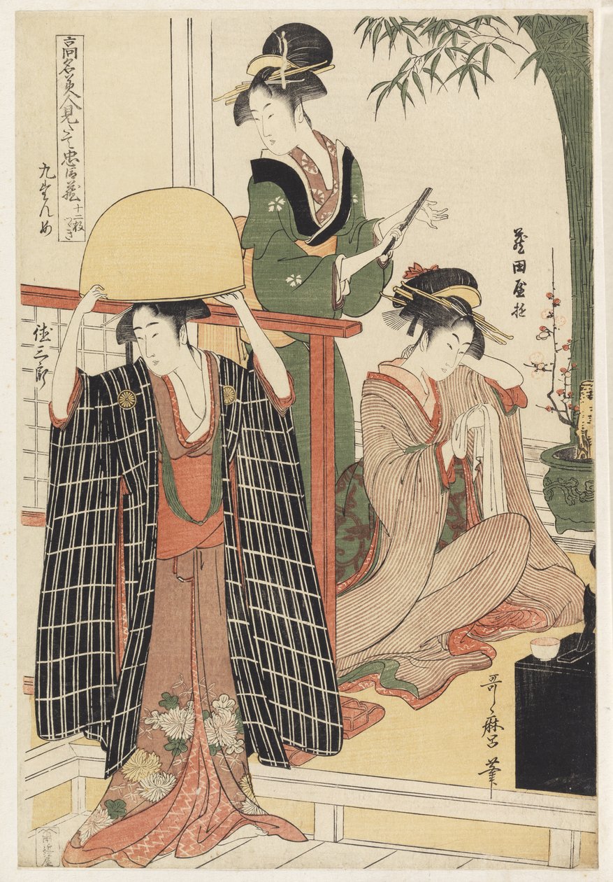 S.356-1945 Scene 9, Sammenligning av berømte skjønnheter og den lojale ligaen, ca. 1797 (treblokktrykk i farger) av Kitagawa Utamaro