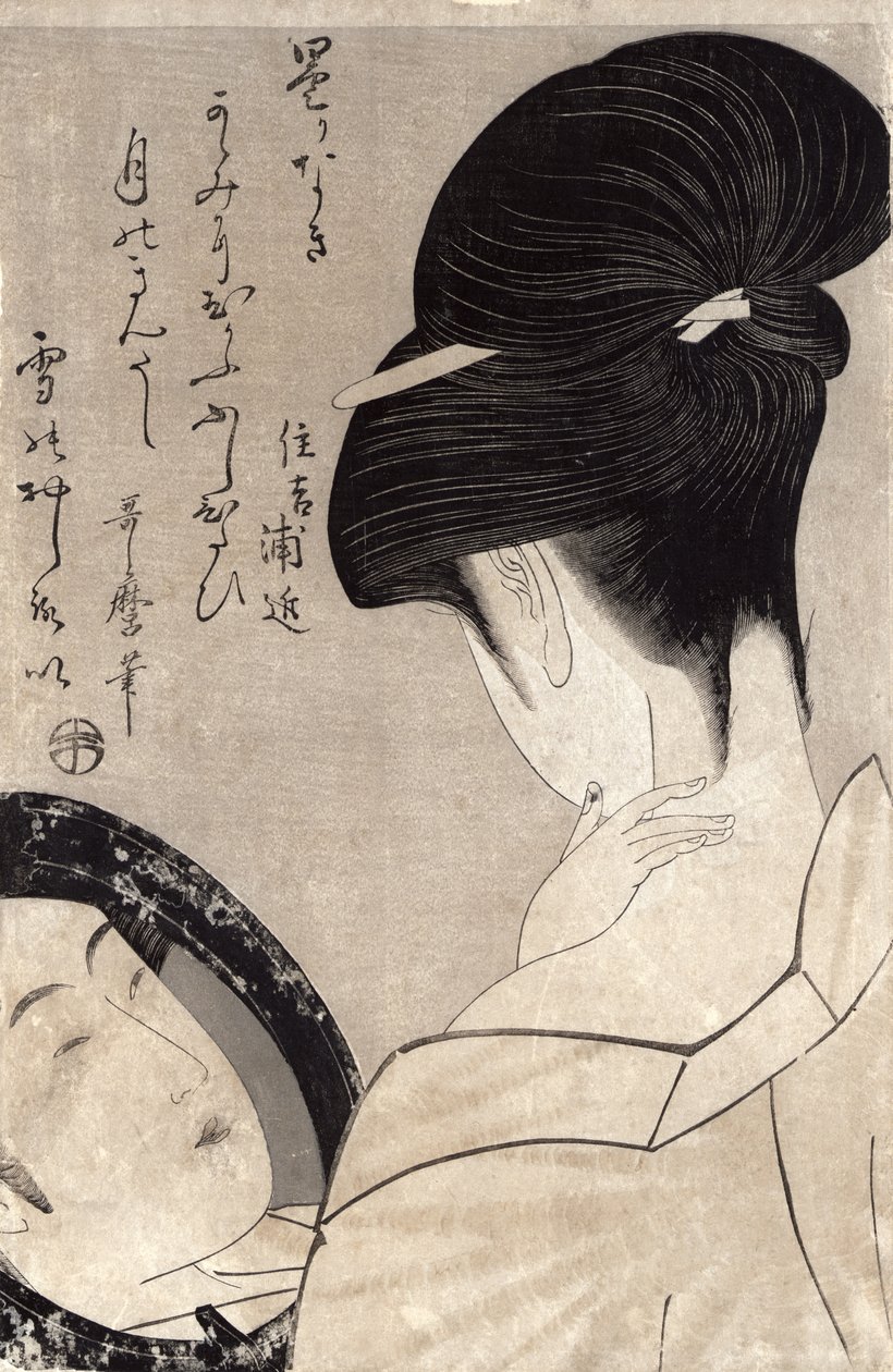 Ung kvinne som sminker seg, ca. 1795-96 (farget treblokktrykk) (se også 159179) av Kitagawa Utamaro