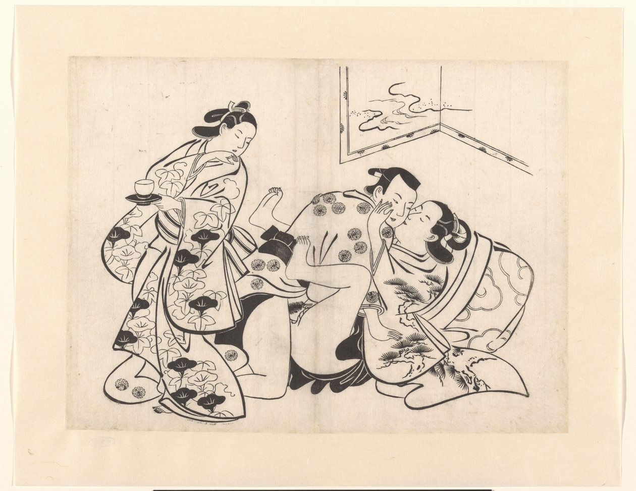 Par elsker med jente som ser tilbake av Kiyonobu (I) , Torii