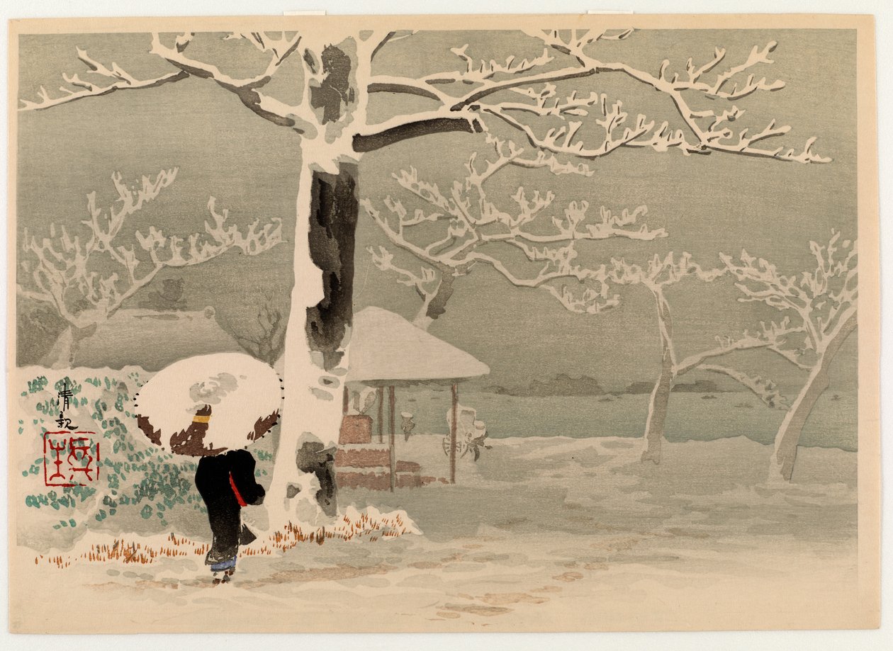 Snø ved Sumida-elven, ca. 1930-tallet (farget treblokktrykk) av Kobayashi Kiyochika