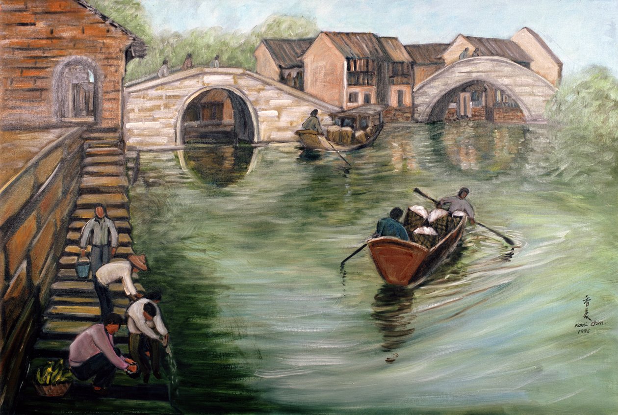 Washing Clothes by the Stream, 1995 av Komi Chen