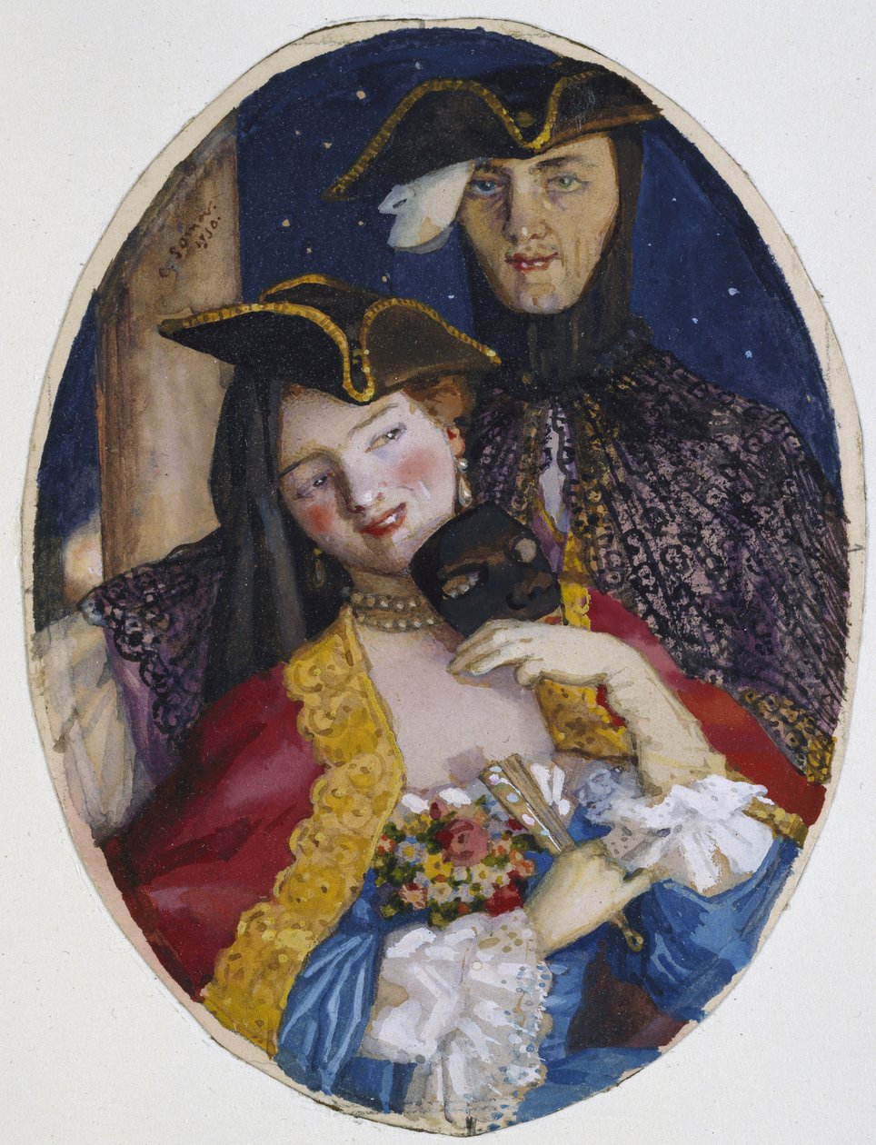 Par kledd for et venetiansk karneval, 1930 (Kroppsfarge over spor av grafitt på krempapir) av Konstantin Andreevic Somov