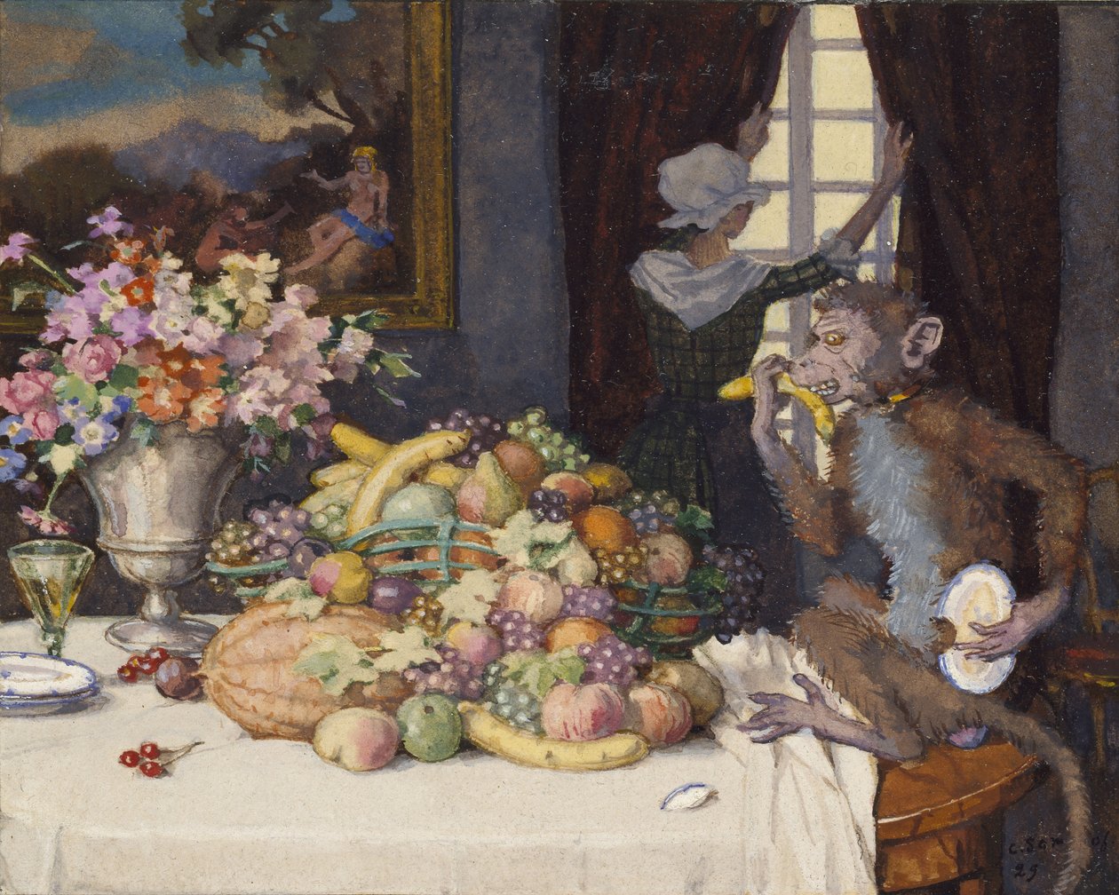 Greedy Monkey, 1929 (kroppsfarge innenfor en avgrenset kant i svart blekk på krempapir) av Konstantin Andreevic Somov
