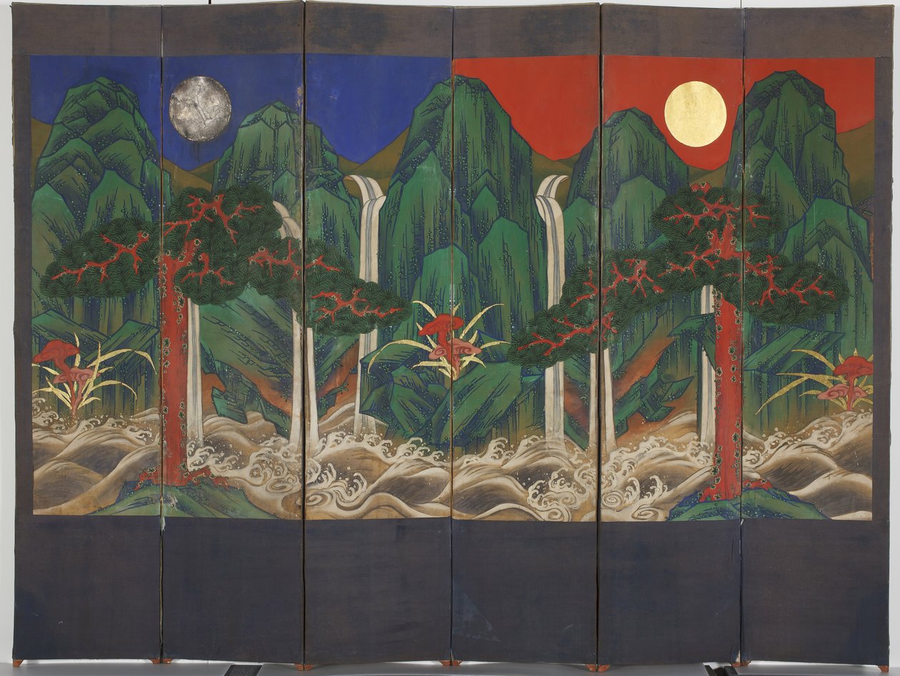 Landskap (tempera og bladgull på panel) av Korean School