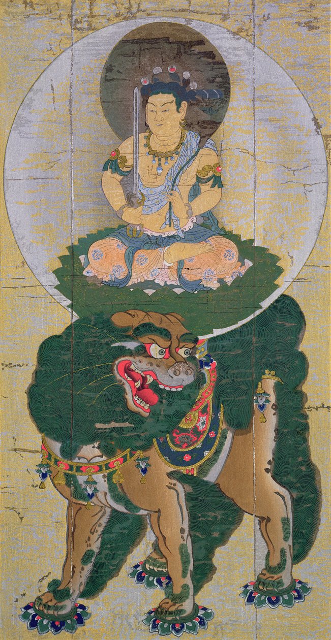 Bodhisattva Manjushri som rir på en løve som puster damp, illustrasjon etter en kakemono fra det ellevte århundre fra tempelet til Kozan-Ji ved Yamashiro, publisert i The Kokka magazine, mai 1904 ( av Kose no Hirotaka