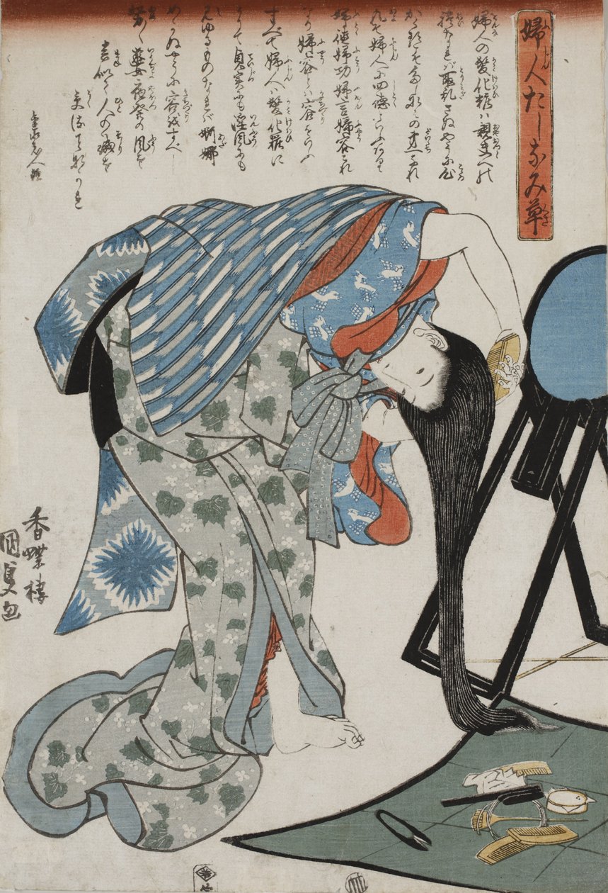 Kvinne som kjemmer håret, 1847. av Kunisada