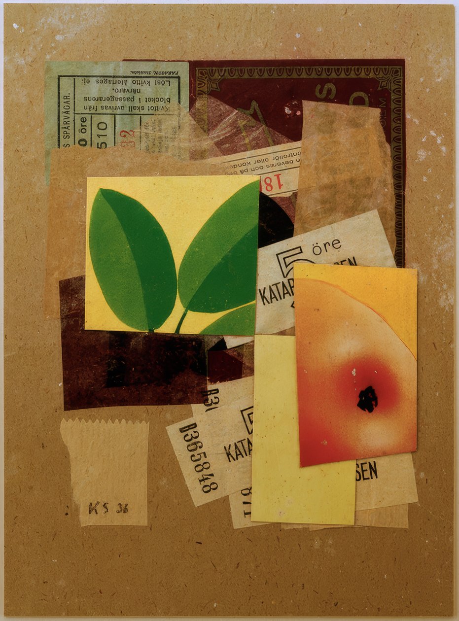 Uten tittel (med eplebit og grønne blader) av Kurt Schwitters