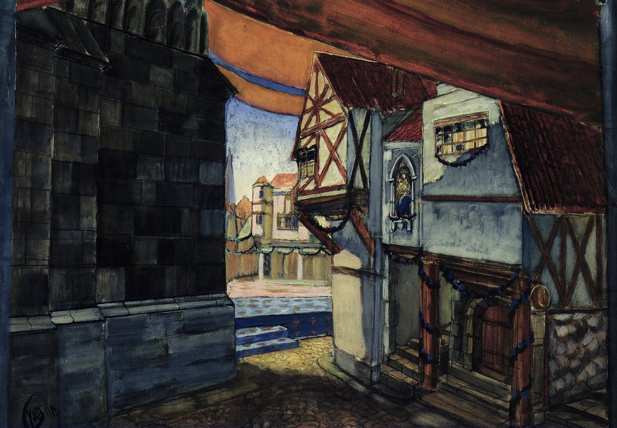 Scenedesign for operaen 'The Maid of Orleans' av Pyotr Tchaikovsky (1840-1893), 1912 (wc, gouache og blekk på papir) av Kuzma Sergeevich Petrov Vodkin
