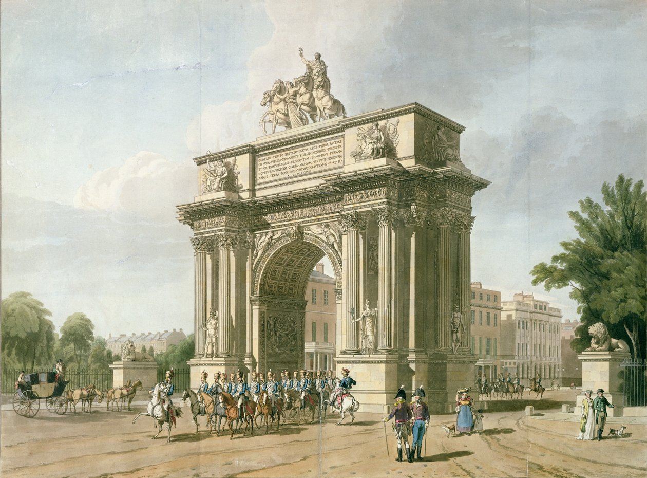 Utsikt over Wellington Arch (akvatint) av L. A. and Baxter, T. Atkinson