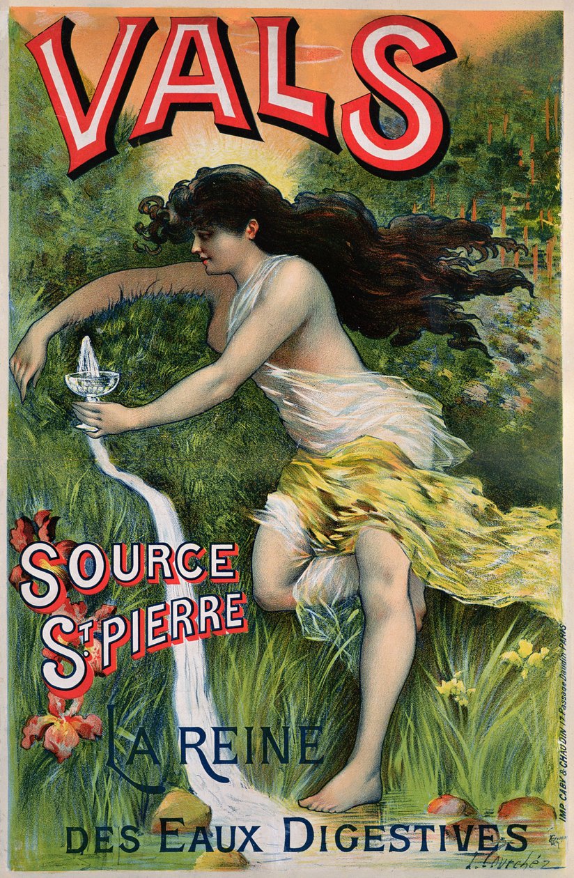 Plakatreklame Kilde St. Pierre, eau de Vals, naturlig mineralvann av L. Courchez
