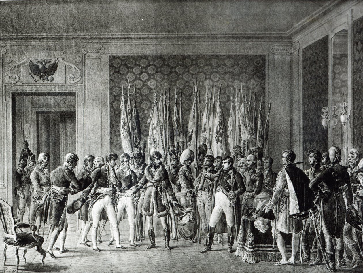 Napoleon gir flaggene som ble vunnet i Austerlitz i 1805 til borgermestrene i Paris som besøkte ham i Schonbrunn av L. Marin