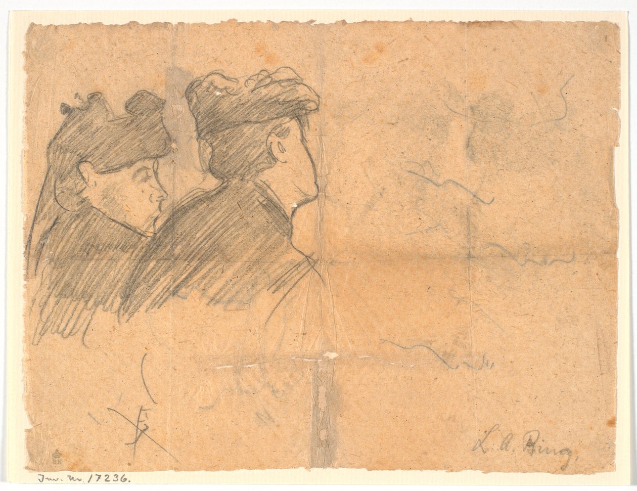Profilstudie av to kvinnelige hoder med hatter av Laurits Andersen Ring