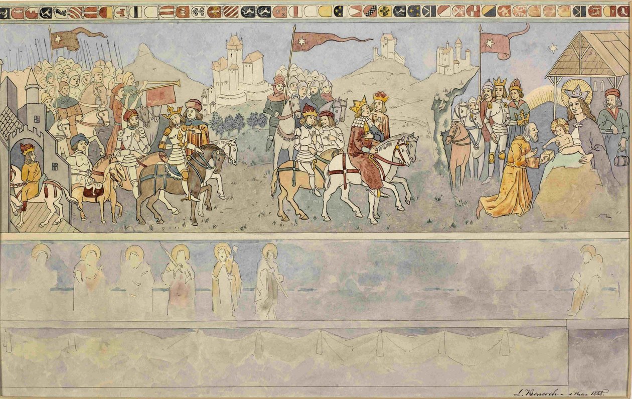 Tegning av en freskomaleri fra det lutherske kapellet på Turjak med motivet fra March of the Three Three Kings av Ladislav Benesch