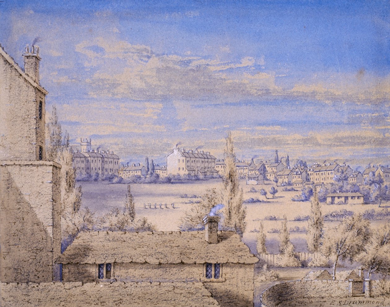 Utsikt over Belgrave Square sett fra No.6 Grosvenor Place, London, ca. 1820 (wc og blyant på papir) av Lady Emily Drummond