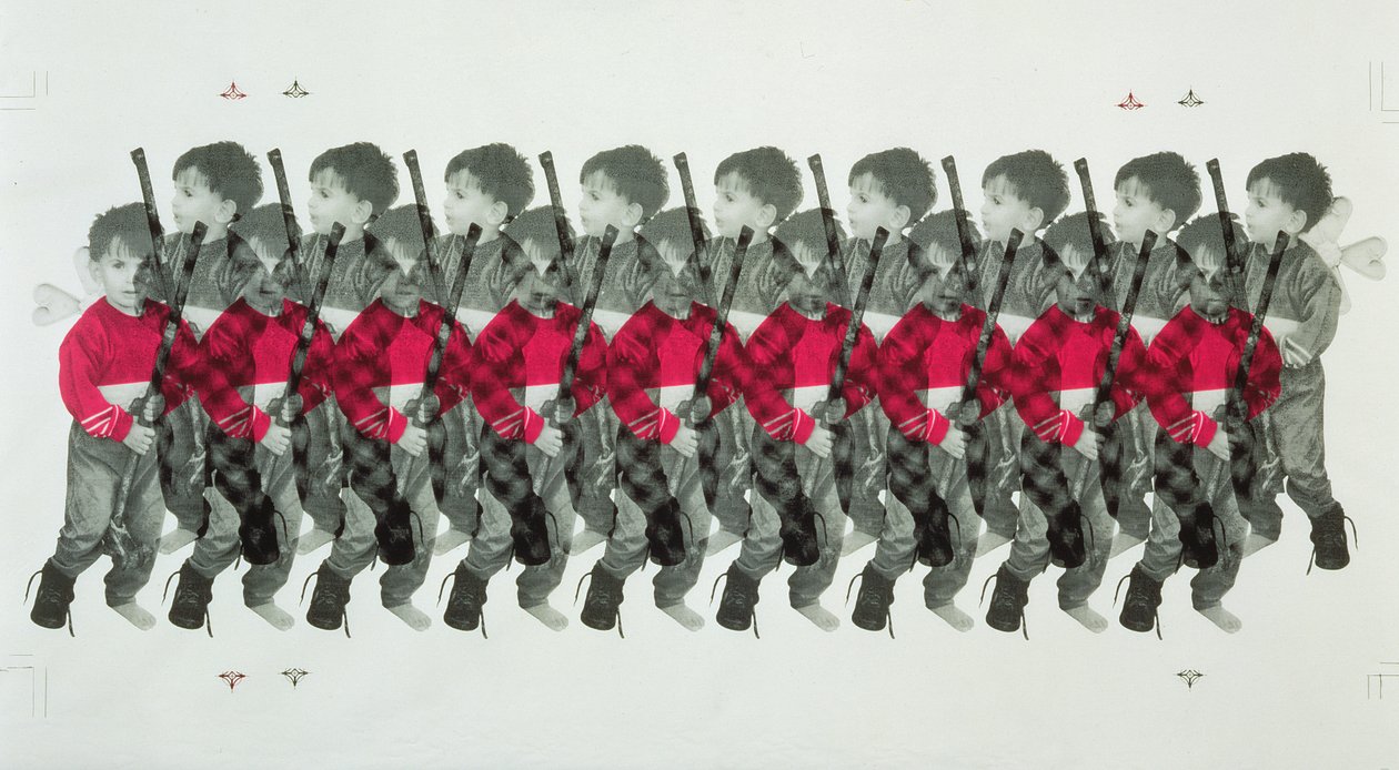 Boy Soldiers, 1996 (silketrykk på bomull) av Laila Shawa