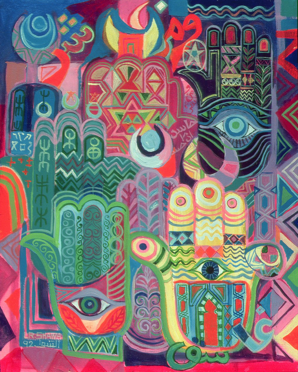 Hands as Amulets II, 1992 (akryl på lerret) av Laila Shawa