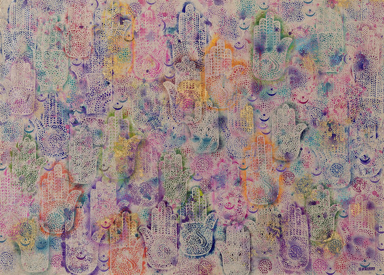 Hands of Fatima, 1999 (akryl og bladgull på papir) av Laila Shawa