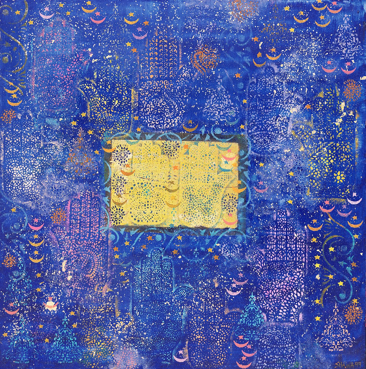 Night of Destiny, 1990 (akryl og bladgull om bord) av Laila Shawa